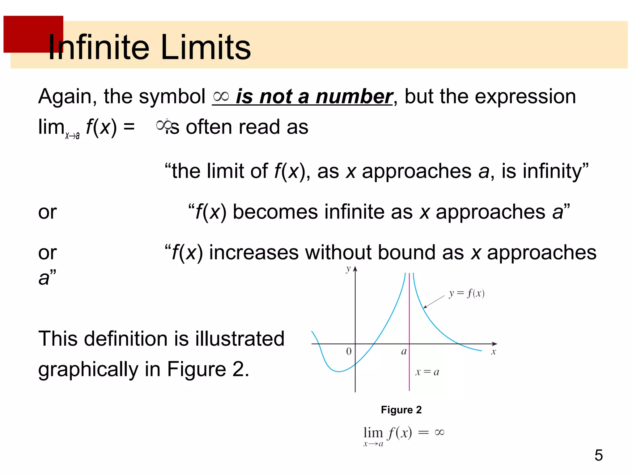 5 
Infinite Limits 
Again, the symbol is not a number, but the expression 
limx®a f (x) = is often read as 
“the limit of f (x), as x approaches a, is infinity” 
or “f (x) becomes infinite as x approaches a” 
or “f (x) increases without bound as x approaches 
a” 
This definition is illustrated 
graphically in Figure 2. 
Figure 2 
 