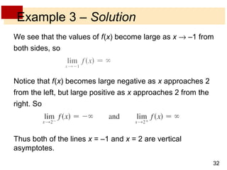 Example 3 – Solution 
We see that the values of f (x) become large as x ® –1 from 
both sides, so 
32 
Notice that f (x) becomes large negative as x approaches 2 
from the left, but large positive as x approaches 2 from the 
right. So 
Thus both of the lines x = –1 and x = 2 are vertical 
asymptotes. 
 