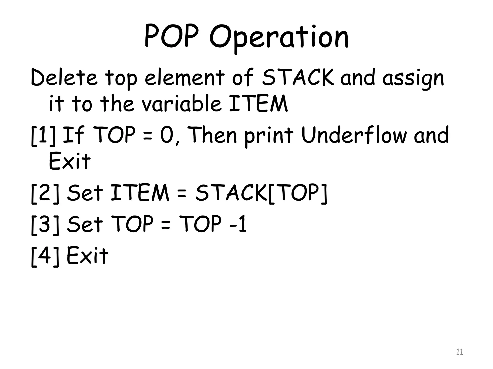 POP Operation
Delete top element of STACK and assign
it to the variable ITEM
[1] If TOP = 0, Then print Underflow and
Exit
[2] Set ITEM = STACK[TOP]
[3] Set TOP = TOP -1
[4] Exit

11

 