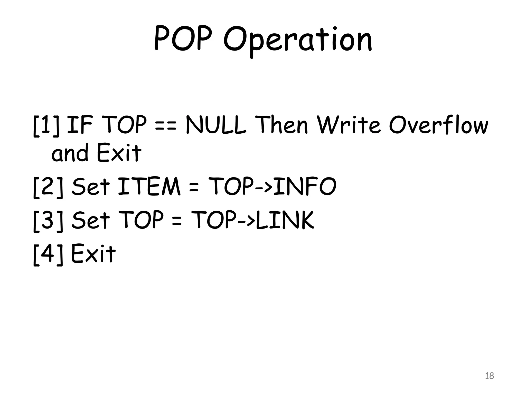 POP Operation
[1] IF TOP == NULL Then Write Overflow
and Exit
[2] Set ITEM = TOP->INFO
[3] Set TOP = TOP->LINK
[4] Exit

18

 