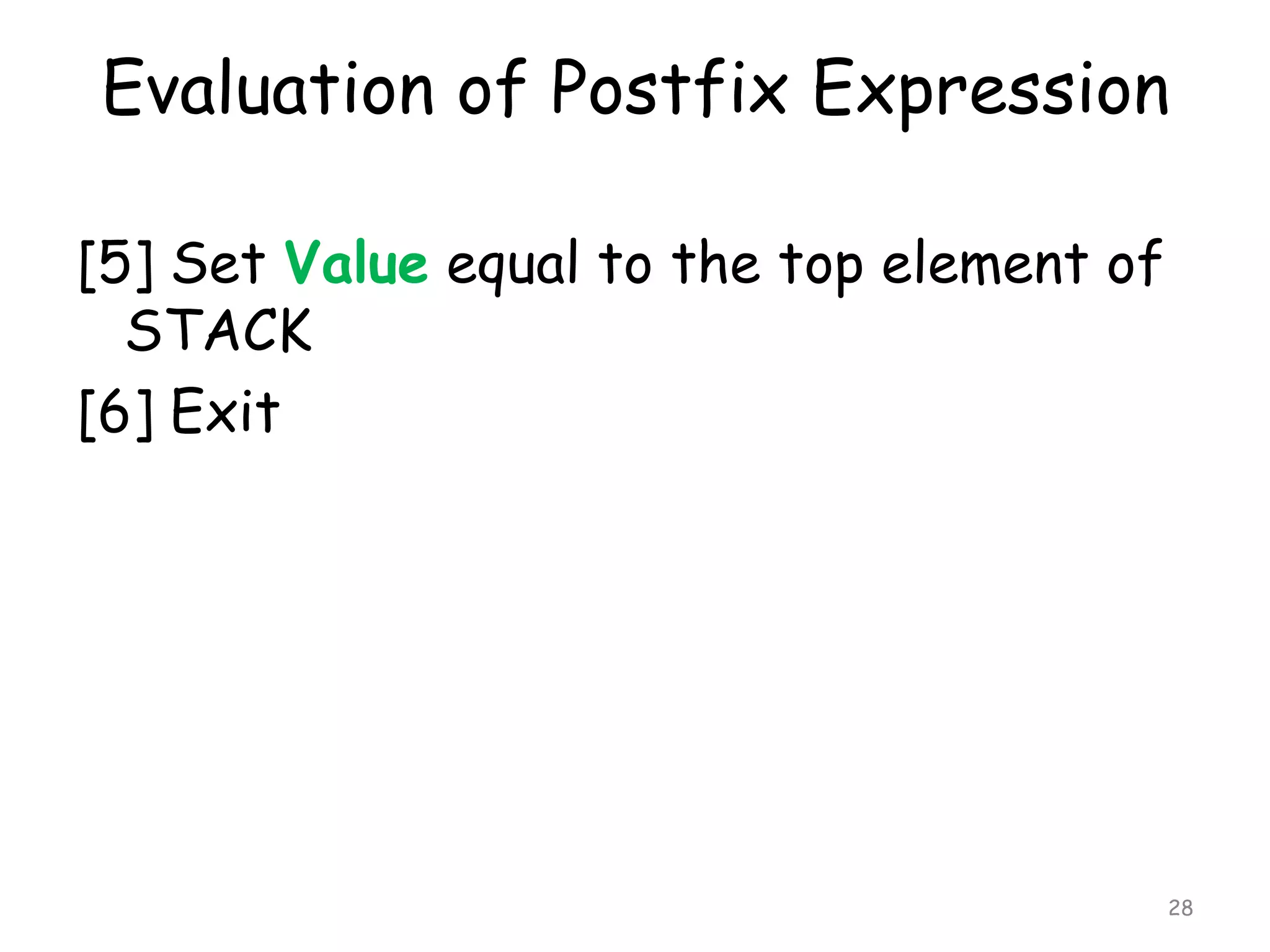 Evaluation of Postfix Expression
[5] Set Value equal to the top element of
STACK
[6] Exit

28

 