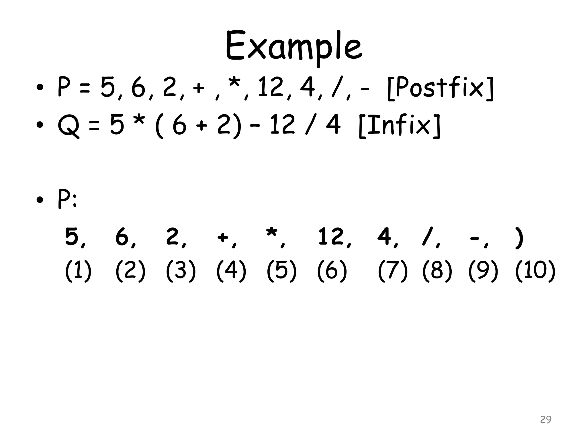 Example

• P = 5, 6, 2, + , *, 12, 4, /, - [Postfix]
• Q = 5 * ( 6 + 2) – 12 / 4 [Infix]
• P:
5,
(1)

6, 2, +, *, 12,
(2) (3) (4) (5) (6)

4, /, -, )
(7) (8) (9) (10)

29

 