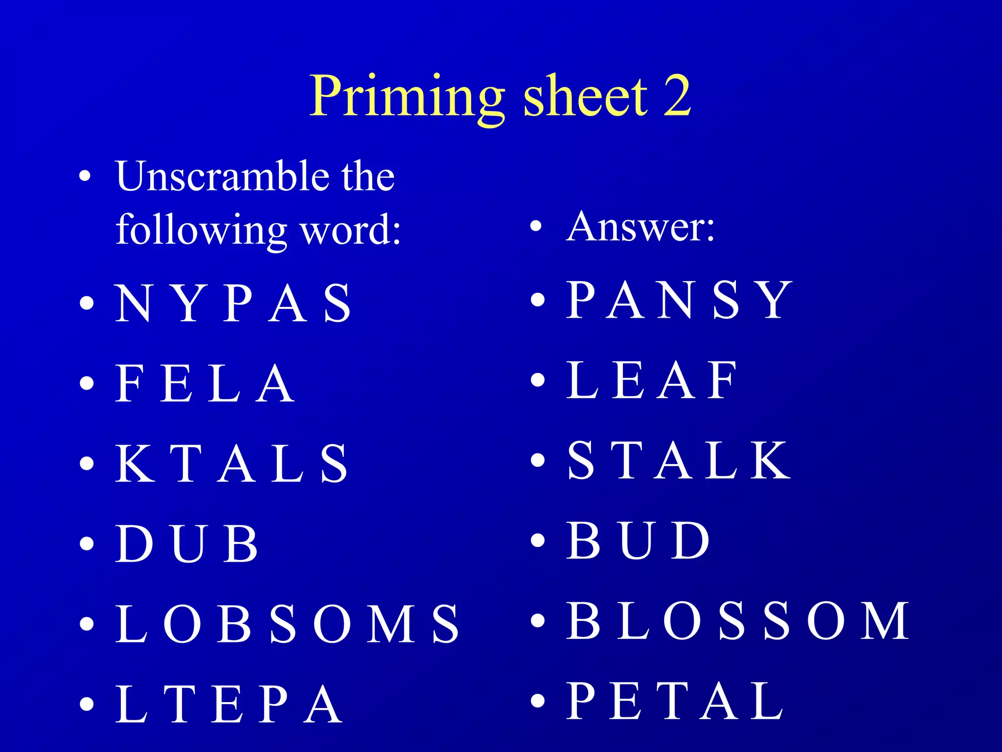 Priming sheet 2
• Unscramble the
following word:
• N Y P A S
• F E L A
• K T A L S
• D U B
• L O B S O M S
• L T E P A
• Answer:
• P A N S Y
• L E A F
• S T A L K
• B U D
• B L O S S O M
• P E T A L
 
