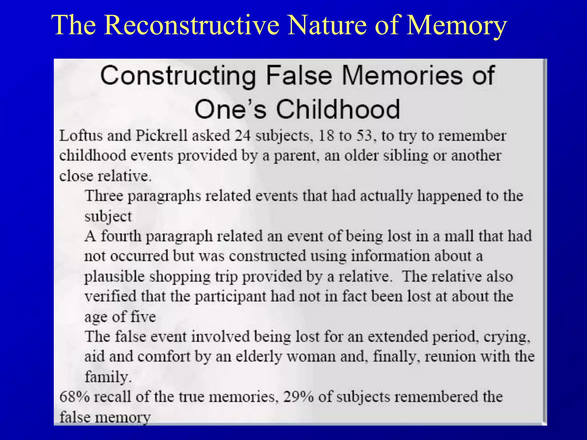 • Loftus
The Reconstructive Nature of Memory
 