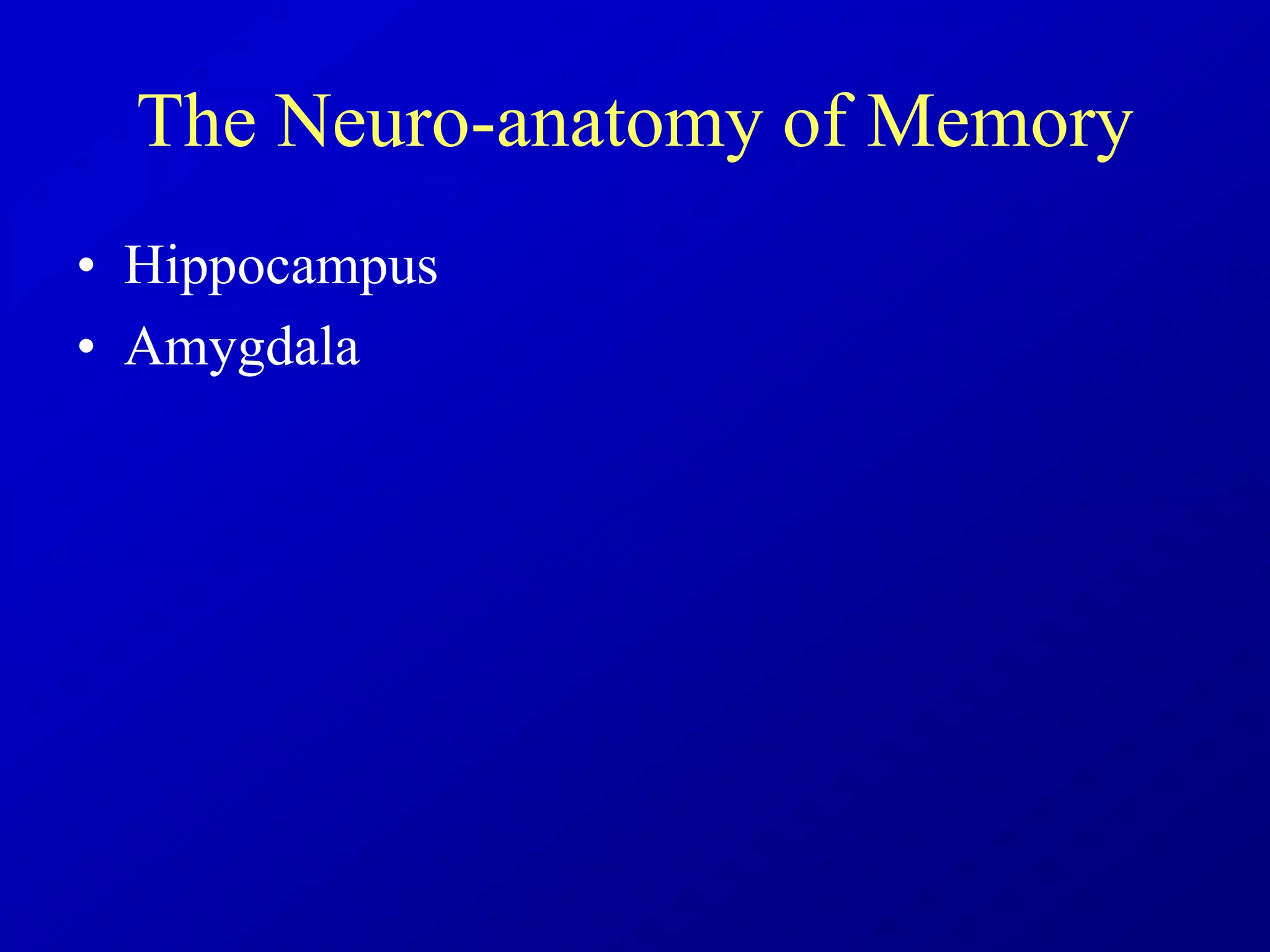 The Neuro-anatomy of Memory
• Hippocampus
• Amygdala
 