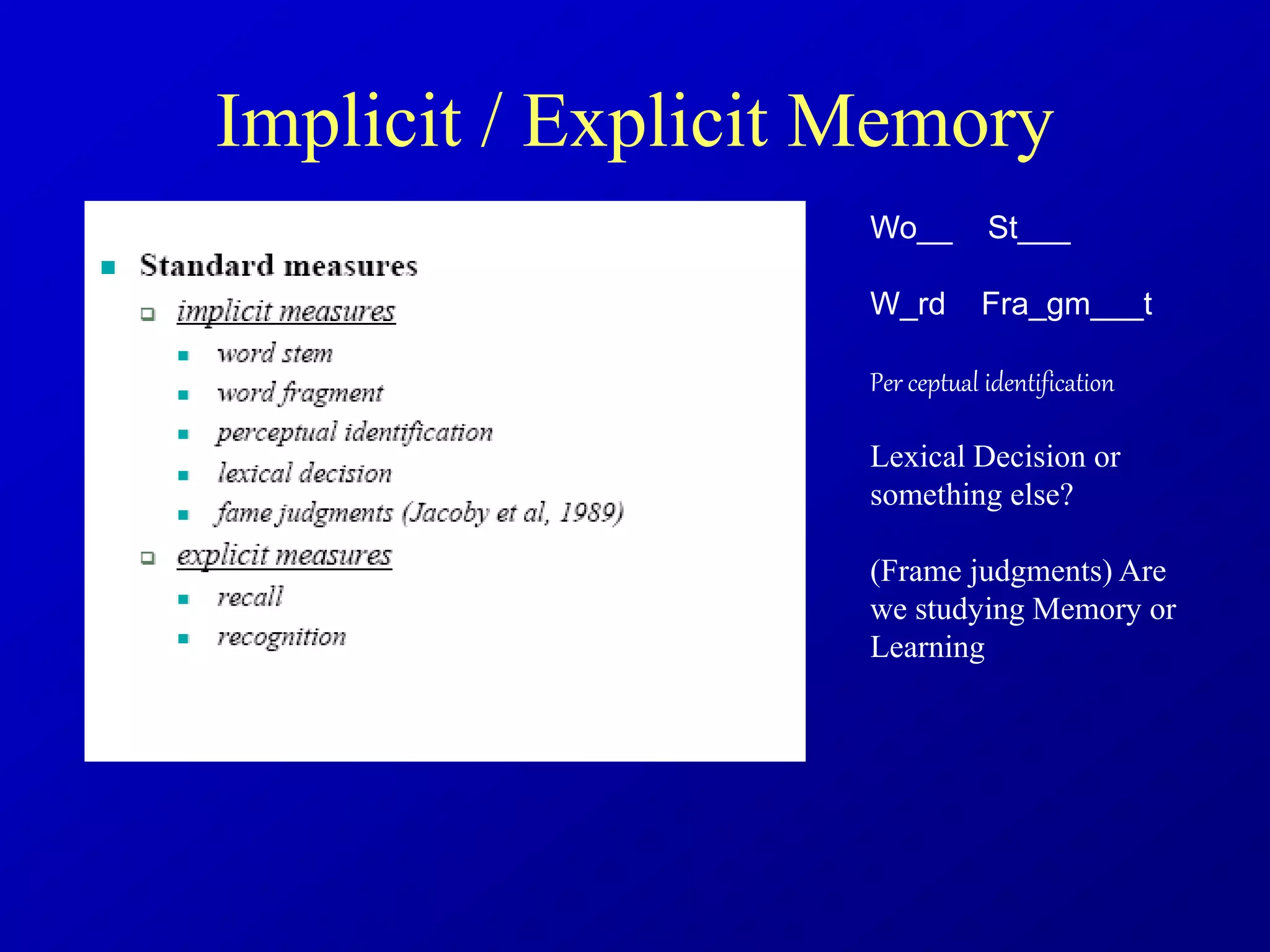 Implicit / Explicit Memory
Wo__ St___
W_rd Fra_gm___t
Per ceptual identification
Lexical Decision or
something else?
(Frame judgments) Are
we studying Memory or
Learning
 
