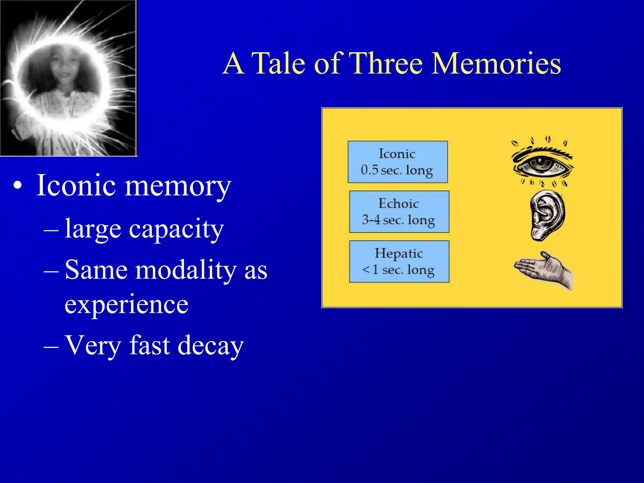 • Iconic memory
– large capacity
– Same modality as
experience
– Very fast decay
A Tale of Three Memories
 