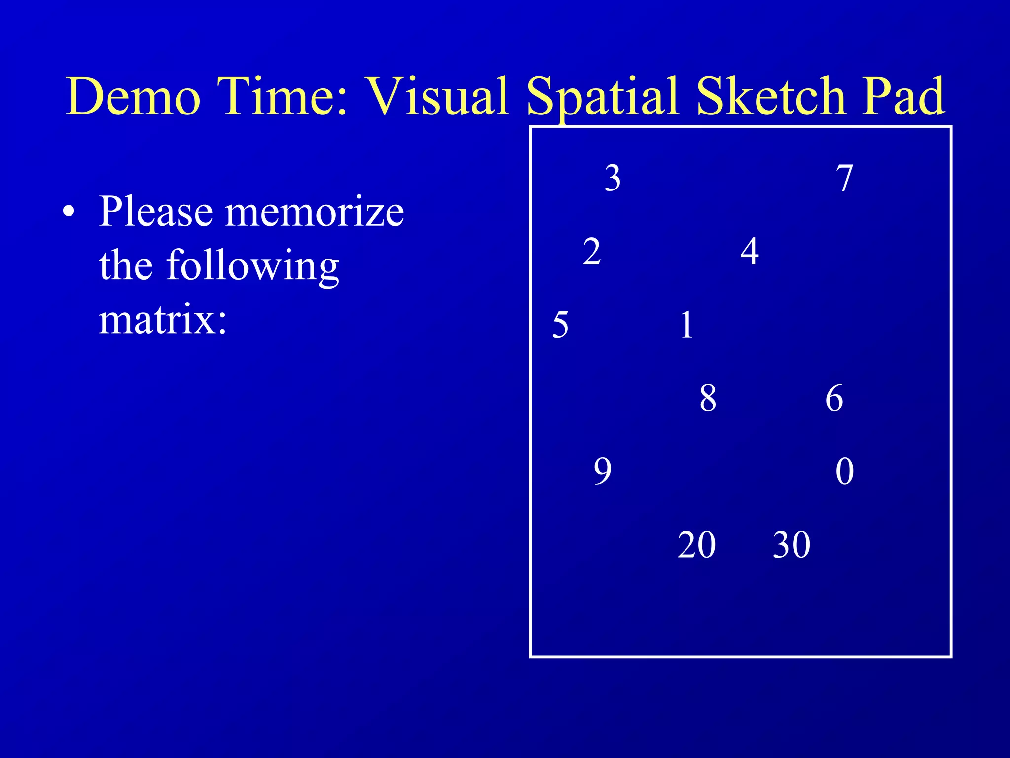 Demo Time: Visual Spatial Sketch Pad
• Please memorize
the following
matrix:
4
3
5
8
9
30
7
2
1
6
20
0
 