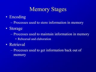 Memory Stages
• Encoding
– Processes used to store information in memory
• Storage
– Processes used to maintain information in memory
• Rehearsal and elaboration
• Retrieval
– Processes used to get information back out of
memory
 