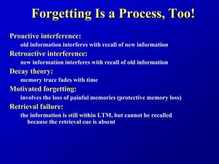 Forgetting Is a Process, Too!
Proactive interference:
old information interferes with recall of new information
Retroactive interference:
new information interferes with recall of old information
Decay theory:
memory trace fades with time
Motivated forgetting:
involves the loss of painful memories (protective memory loss)
Retrieval failure:
the information is still within LTM, but cannot be recalled
because the retrieval cue is absent
 