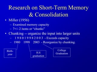 Research on Short-Term Memory
& Consolidation
• Miller (1956)
– Examined memory capacity
– 7+/- 2 items or “chunks”
• Chunking -- organize the input into larger units
– 1 9 8 0 1 9 9 8 2 0 0 3 - Exceeds capacity
– 1980 1998 2003 - Reorganize by chunking.
Birth-
year
H.S
graduation
College
Graduation
 
