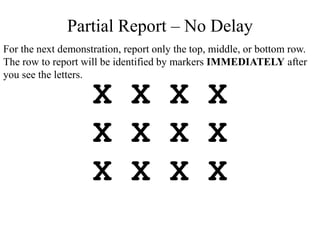 X X X X
X X X X
X X X X
Partial Report – No Delay
For the next demonstration, report only the top, middle, or bottom row.
The row to report will be identified by markers IMMEDIATELY after
you see the letters.
 