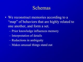 Schemas
• We reconstruct memories according to a
“map” of behaviors that are highly related to
one another, and form a set.
– Prior knowledge influences memory
– Interpretation of details
– Reductions in ambiguity
– Makes unusual things stand out
 