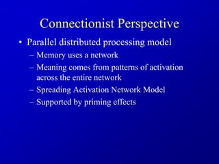 Connectionist Perspective
• Parallel distributed processing model
– Memory uses a network
– Meaning comes from patterns of activation
across the entire network
– Spreading Activation Network Model
– Supported by priming effects
 