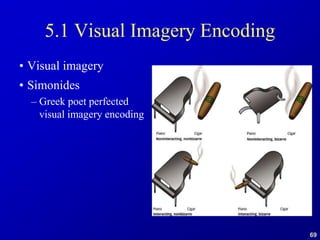 69
5.1 Visual Imagery Encoding
• Visual imagery
• Simonides
– Greek poet perfected
visual imagery encoding
 