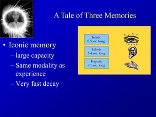 • Iconic memory
– large capacity
– Same modality as
experience
– Very fast decay
A Tale of Three Memories
 