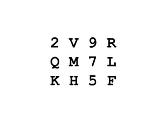 2 V 9 R
Q M 7 L
K H 5 F
 