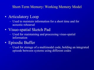 Short-Term Memory: Working Memory Model
• Articulatory Loop
– Used to maintain information for a short time and for
acoustic rehearsal
• Visuo-spatial Sketch Pad
– Used for maintaining and processing visuo-spatial
information
• Episodic Buffer
– Used for storage of a multimodal code, holding an integrated
episode between systems using different codes
 