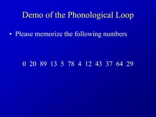 Demo of the Phonological Loop
• Please memorize the following numbers
0 20 89 13 5 78 4 12 43 37 64 29
 