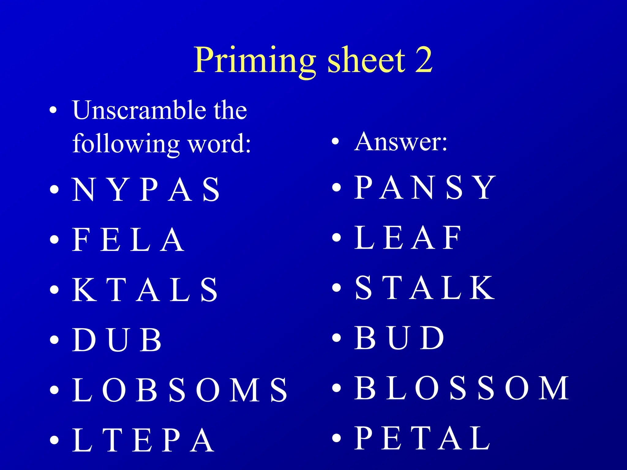 Priming sheet 2
• Unscramble the
following word:
• N Y P A S
• F E L A
• K T A L S
• D U B
• L O B S O M S
• L T E P A
• Answer:
• P A N S Y
• L E A F
• S T A L K
• B U D
• B L O S S O M
• P E T A L
 