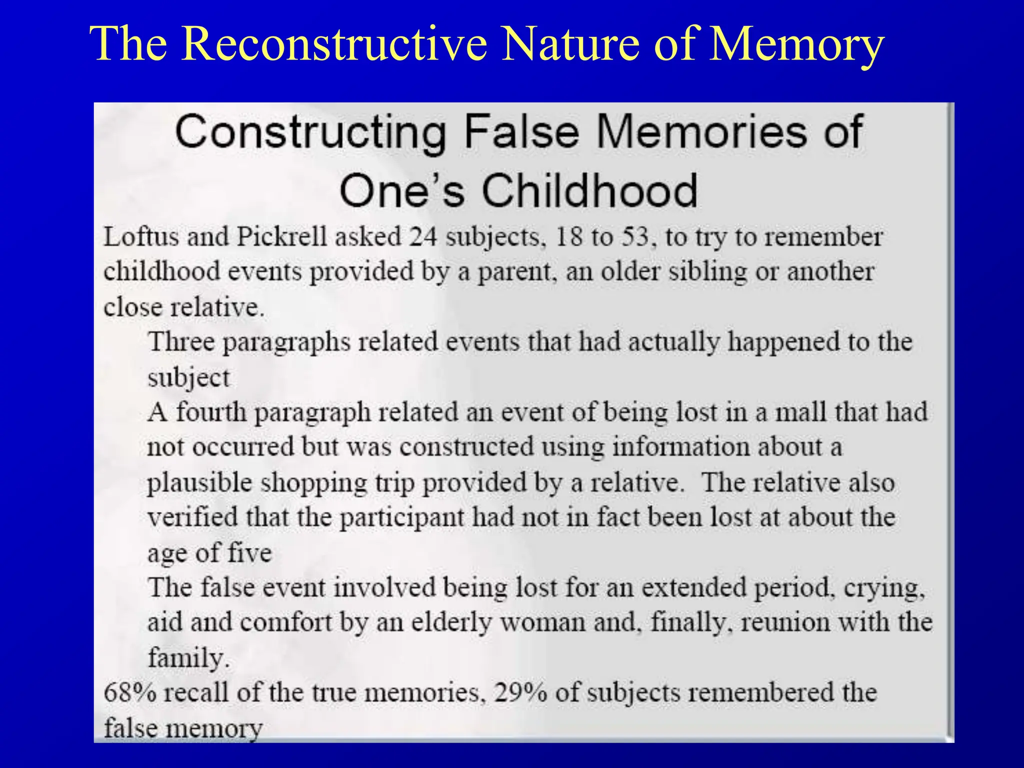 • Loftus
The Reconstructive Nature of Memory
 