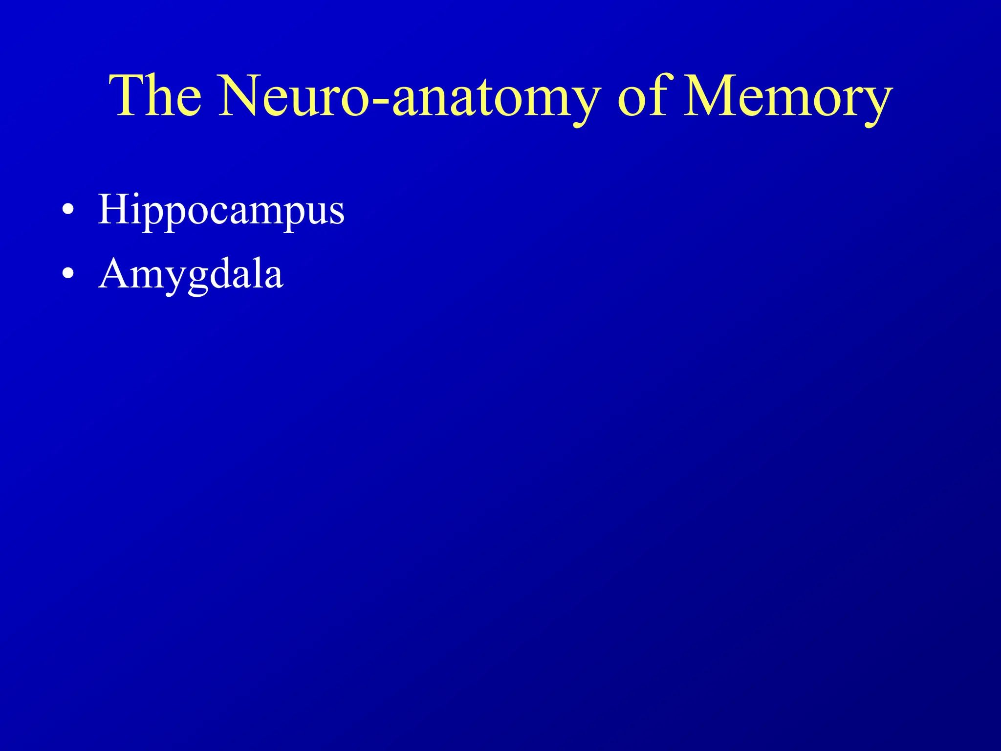 The Neuro-anatomy of Memory
• Hippocampus
• Amygdala
 