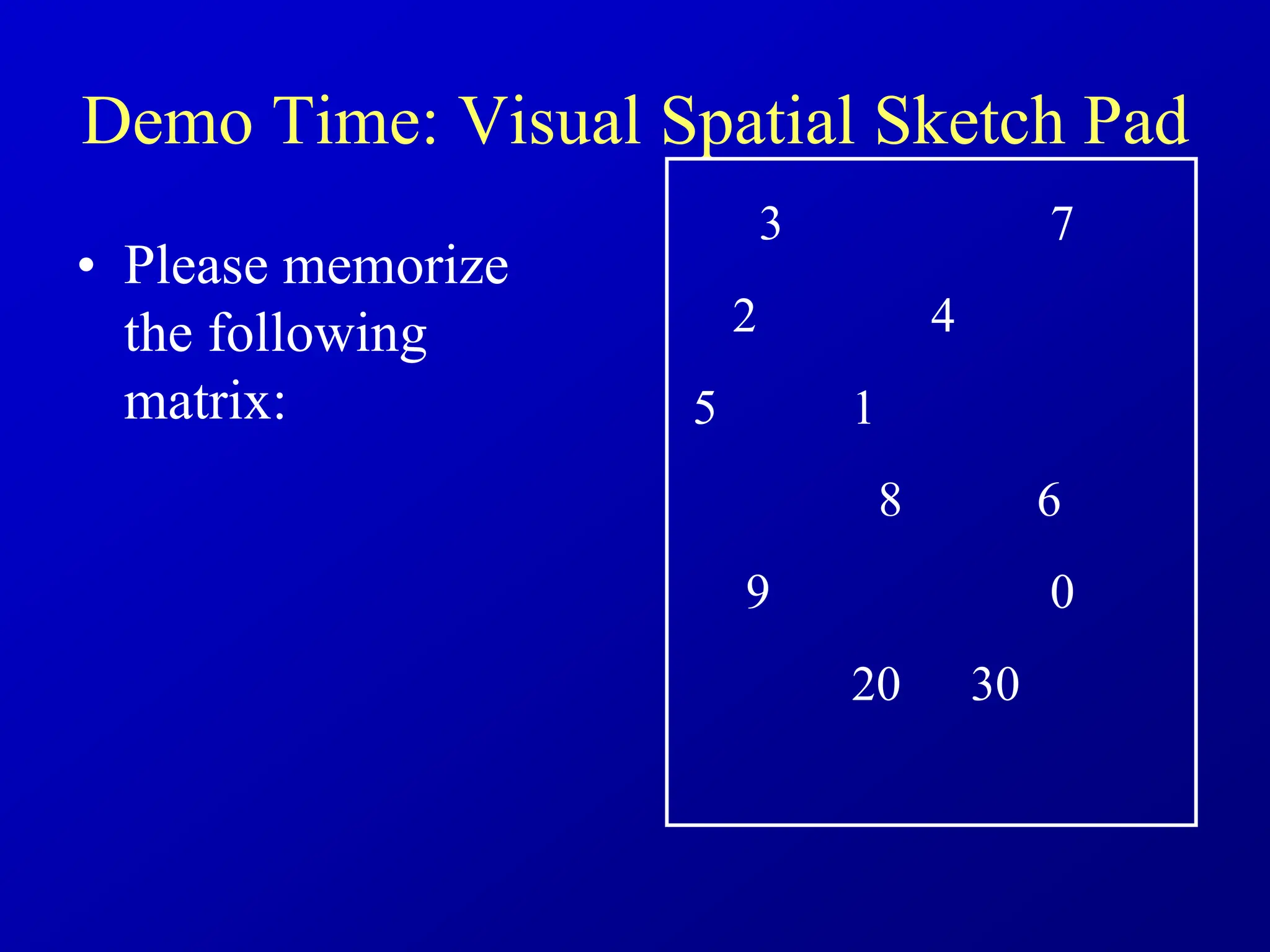 Demo Time: Visual Spatial Sketch Pad
• Please memorize
the following
matrix:
4
3
5
8
9
30
7
2
1
6
20
0
 