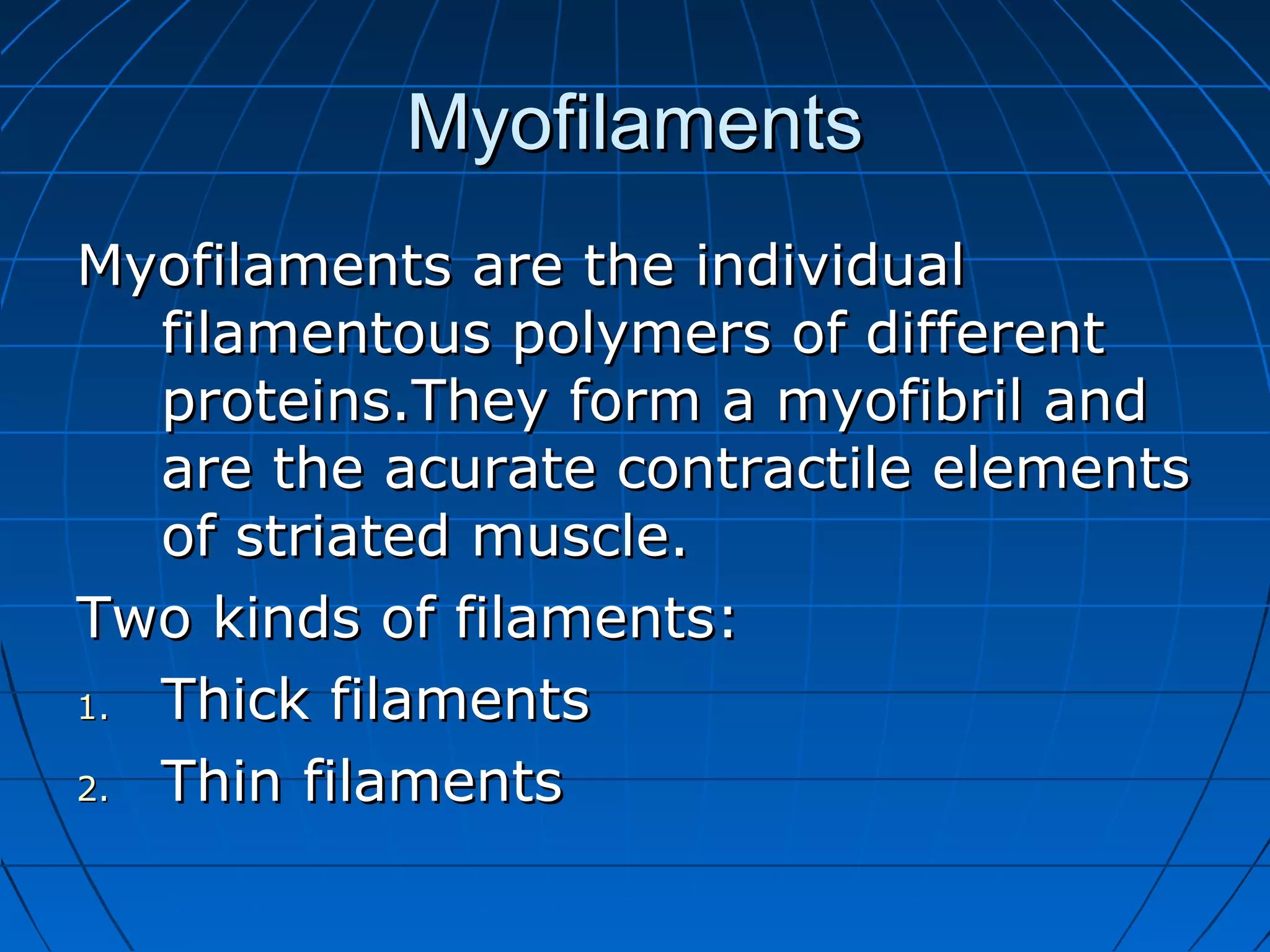 Myofilaments
Myofilaments are the individual
filamentous polymers of different
proteins.They form a myofibril and
are the acurate contractile elements
of striated muscle.
Two kinds of filaments:
1.
Thick filaments
2.
Thin filaments

 