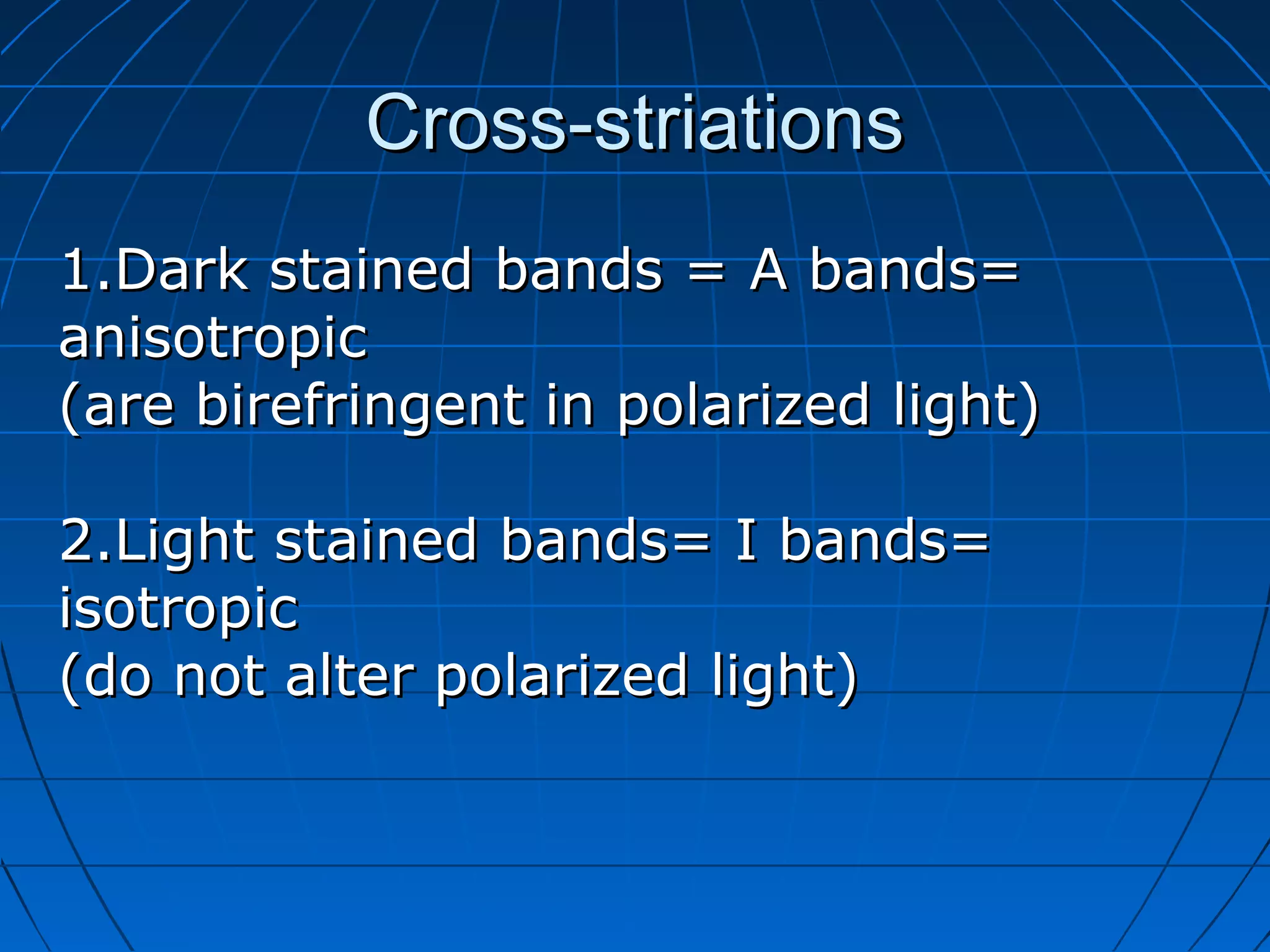 Cross-striations
1.Dark stained bands = A bands=
anisotropic
(are birefringent in polarized light)
2.Light stained bands= I bands=
isotropic
(do not alter polarized light)

 