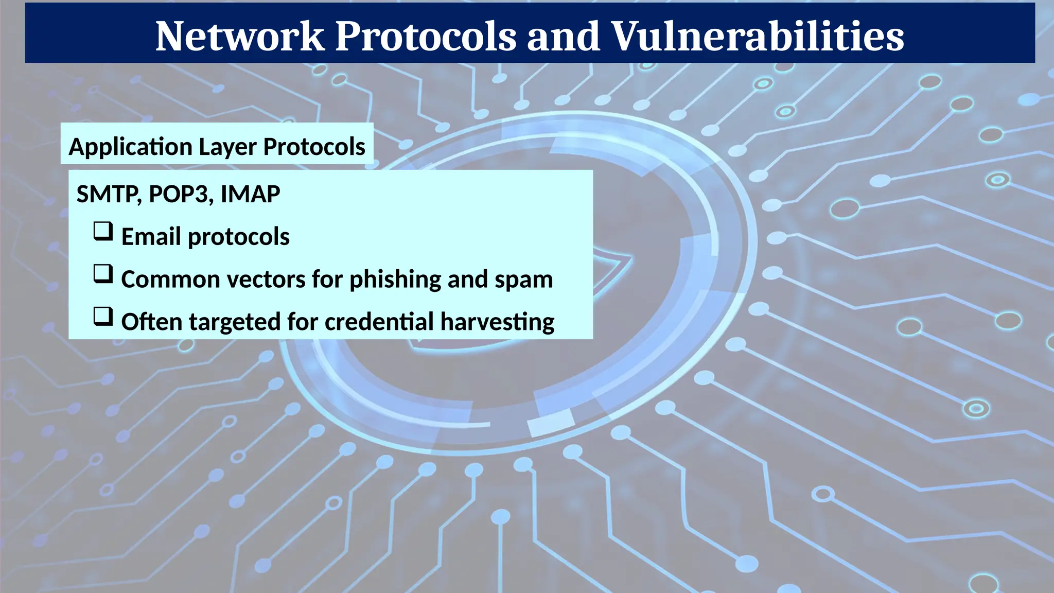 Network Protocols and Vulnerabilities
Application Layer Protocols
SMTP, POP3, IMAP
 Email protocols
 Common vectors for phishing and spam
 Often targeted for credential harvesting
 
