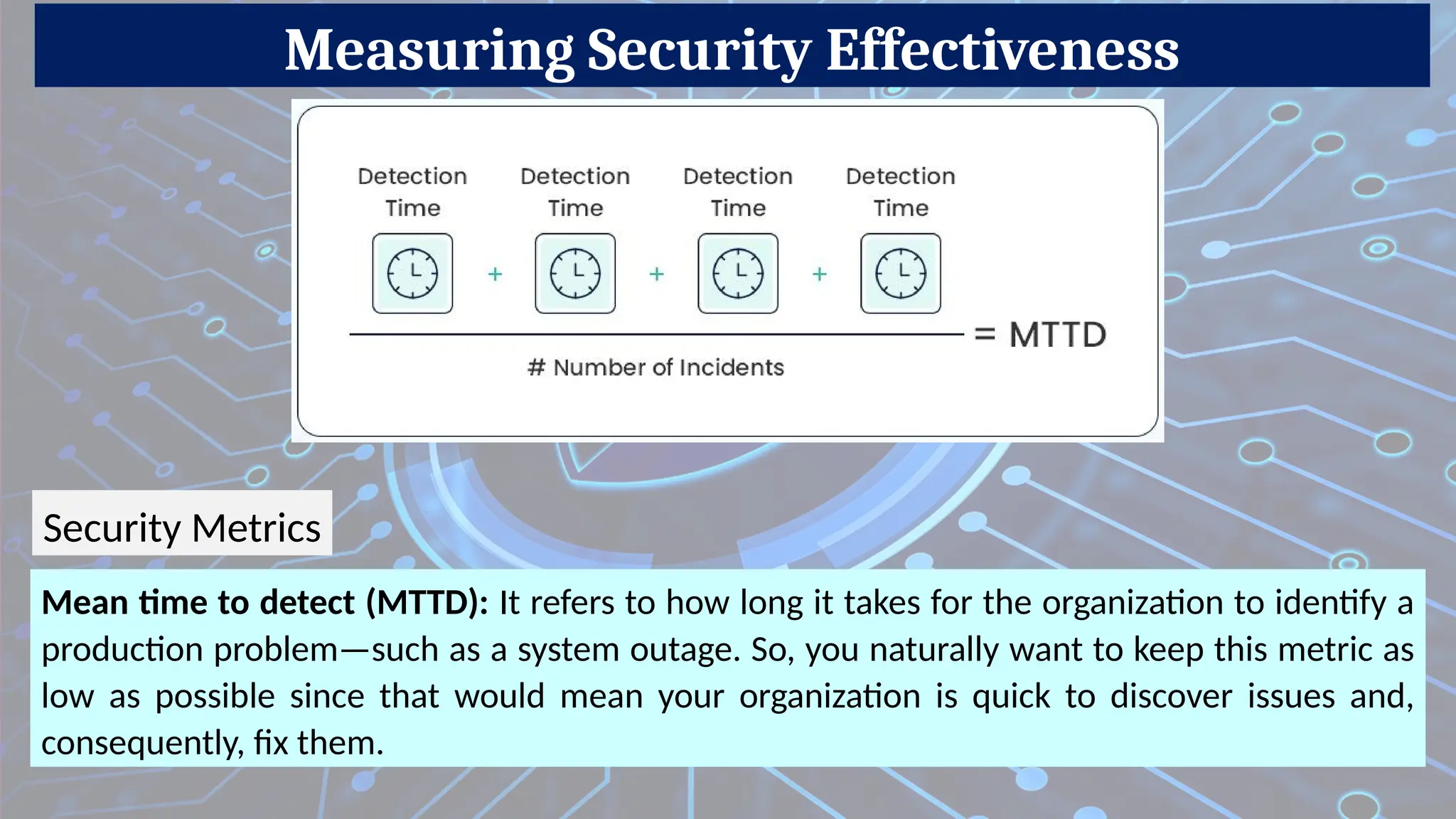 Measuring Security Effectiveness
Mean time to detect (MTTD): It refers to how long it takes for the organization to identify a
production problem—such as a system outage. So, you naturally want to keep this metric as
low as possible since that would mean your organization is quick to discover issues and,
consequently, fix them.
Security Metrics
 