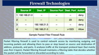 Firewall Technologies
Packet filtering firewall is used to control network access by monitoring outgoing and
incoming packets and allowing them to pass or stop based on source and destination IP
address, protocols, and ports. It analyses traffic at the transport protocol layer (but mainly
uses first 3 layers). Packet filtering firewall maintains a filtering table that decides whether
the packet will be forwarded or discarded according to rules.
 