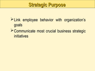 Strategic Purpose
Strategic Purpose
Link employee behavior with organization’s
goals
Communicate most crucial business strategic
initiatives
 