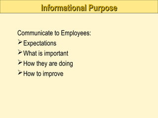 Informational Purpose
Informational Purpose
Communicate to Employees:
Expectations
What is important
How they are doing
How to improve
 