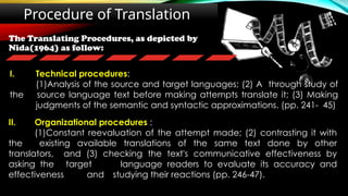 The Translating Procedures, as depicted by
Nida(1964) as follow:
Procedure of Translation
II. Organizational procedures :
(1)Constant reevaluation of the attempt made; (2) contrasting it with
the existing available translations of the same text done by other
translators, and (3) checking the text's communicative effectiveness by
asking the target language readers to evaluate its accuracy and
effectiveness and studying their reactions (pp. 246-47).
I. Technical procedures:
(1)Analysis of the source and target languages; (2) A through study of
the source language text before making attempts translate it; (3) Making
judgments of the semantic and syntactic approximations. (pp. 241- 45)
 