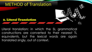 2. Literal Translation
METHOD of Translation
Literal translation: in which the SL grammatical
constructions are converted to their nearest TL
equivalents, but the lexical words are again
translated singly, out of context.
 