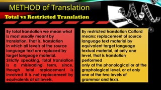 Total vs Restricted Translation
METHOD of Translation
By total translation we mean what
is most usually meant by
translation. That is, translation
in which all levels of the source
language text are replaced by
target language material.
Strictly speaking, total translation
is a misleading term, since,
though total replacement is
involved it is not replacement by
equivalents at all levels.
By restricted translation Catford
means: replacement of source
language text material by
equivalent target language
textual material, at only one
level, that is translation
performed
only at the phonological or at the
graphological level, or at only
one of the two levels of
grammar and lexis.
 