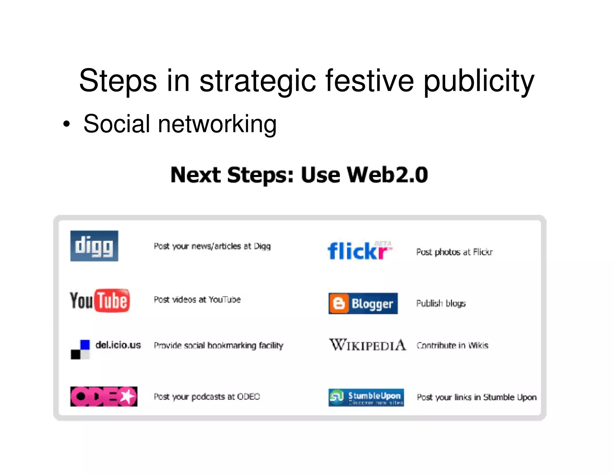 Steps in strategic festive publicity
• Social networking
 