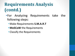 Requirements Analysis
(contd.)
•For Analyzing Requirements take the
following steps:
•Make Requirements S.M.A.R.T
•MoSCoW the Requirements
•Classify the Requirements
 