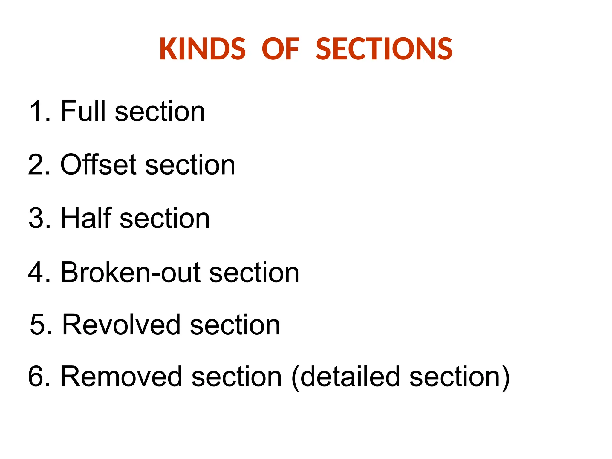 KINDS OF SECTIONS
1. Full section
2. Offset section
3. Half section
4. Broken-out section
5. Revolved section
6. Removed section (detailed section)
 