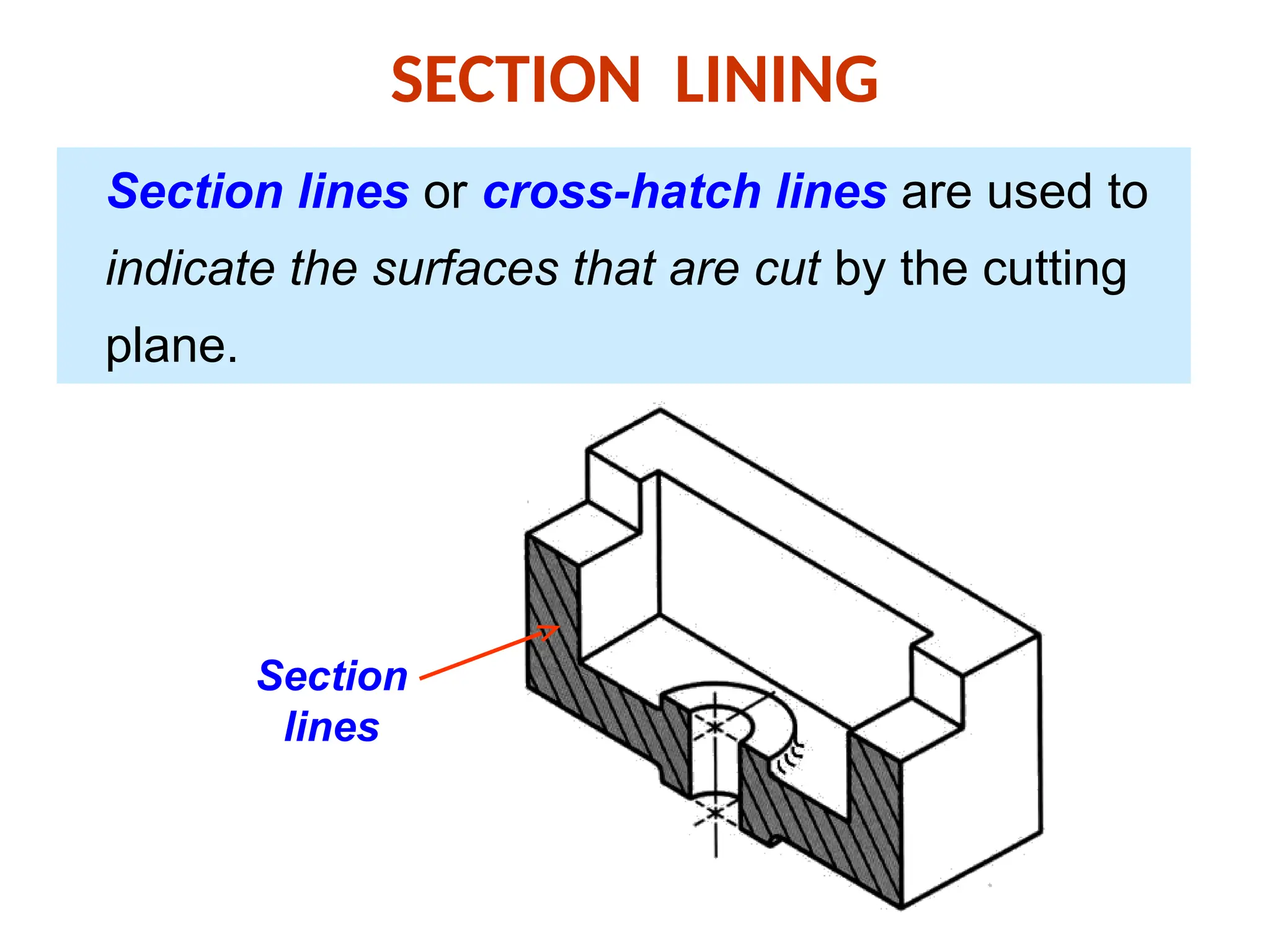 SECTION LINING
Section lines or cross-hatch lines are used to
indicate the surfaces that are cut by the cutting
plane.
Section
lines
 