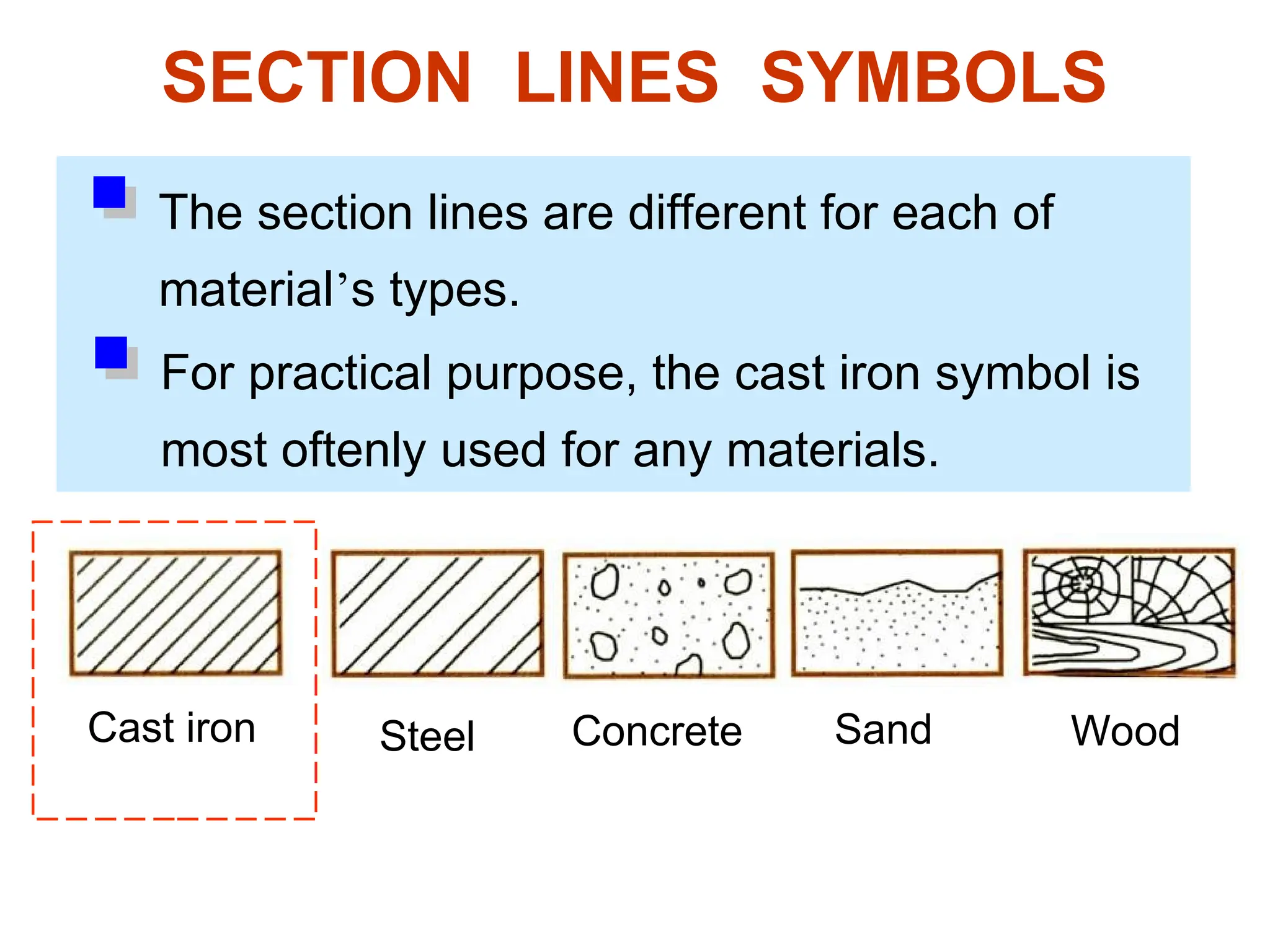 SECTION LINES SYMBOLS
The section lines are different for each of
material’s types.
Cast iron Steel Concrete Sand Wood
For practical purpose, the cast iron symbol is
most oftenly used for any materials.
 