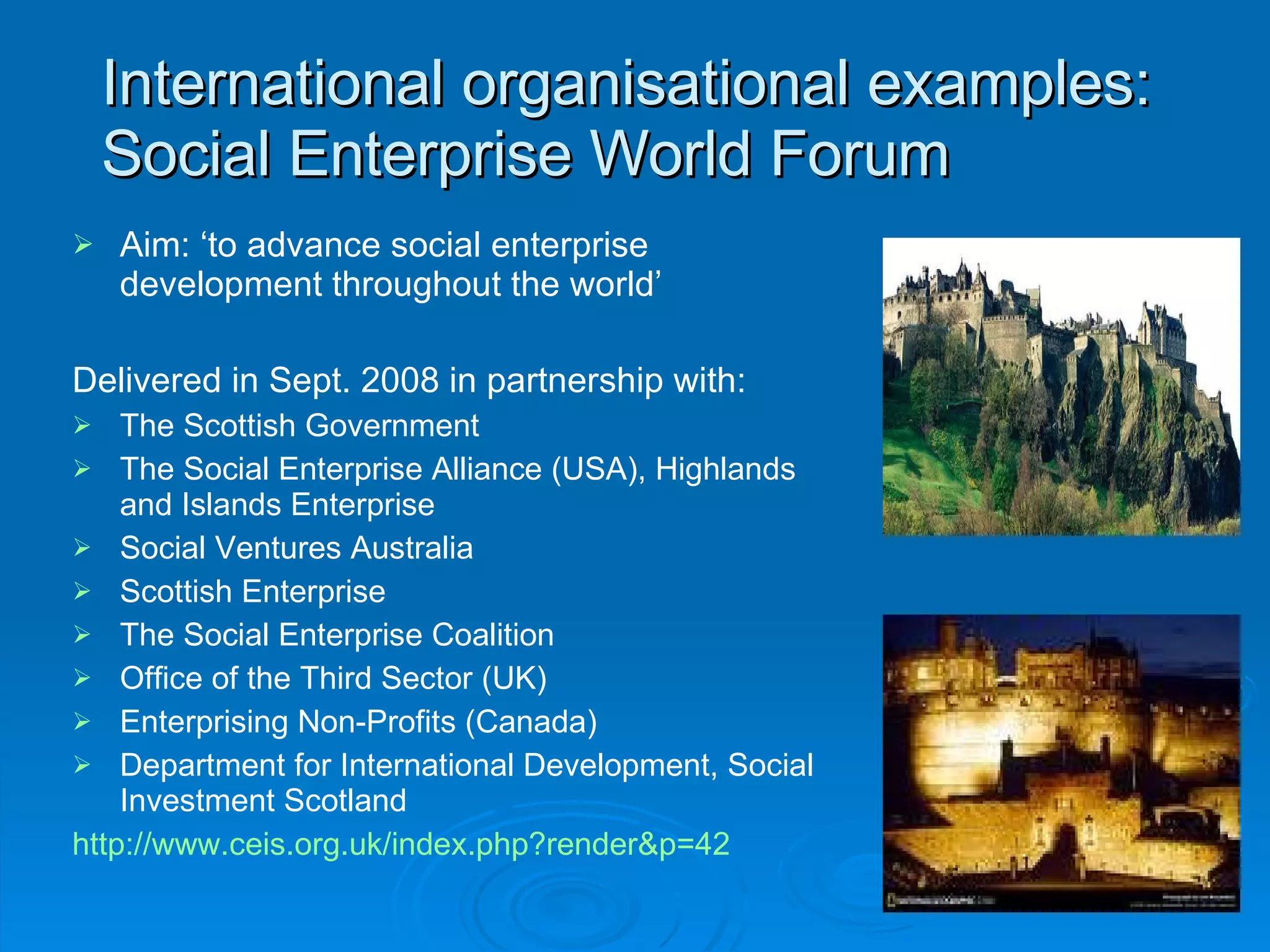 International organisational examples:  Social Enterprise World Forum Aim: ‘to advance social enterprise development throughout the world’ Delivered in Sept. 2008 in partnership with:  The Scottish Government The Social Enterprise Alliance (USA), Highlands and Islands Enterprise Social Ventures Australia Scottish Enterprise The Social Enterprise Coalition Office of the Third Sector (UK) Enterprising Non-Profits (Canada) Department for International Development, Social Investment Scotland  http://www.ceis.org.uk/index.php?render&p=42 