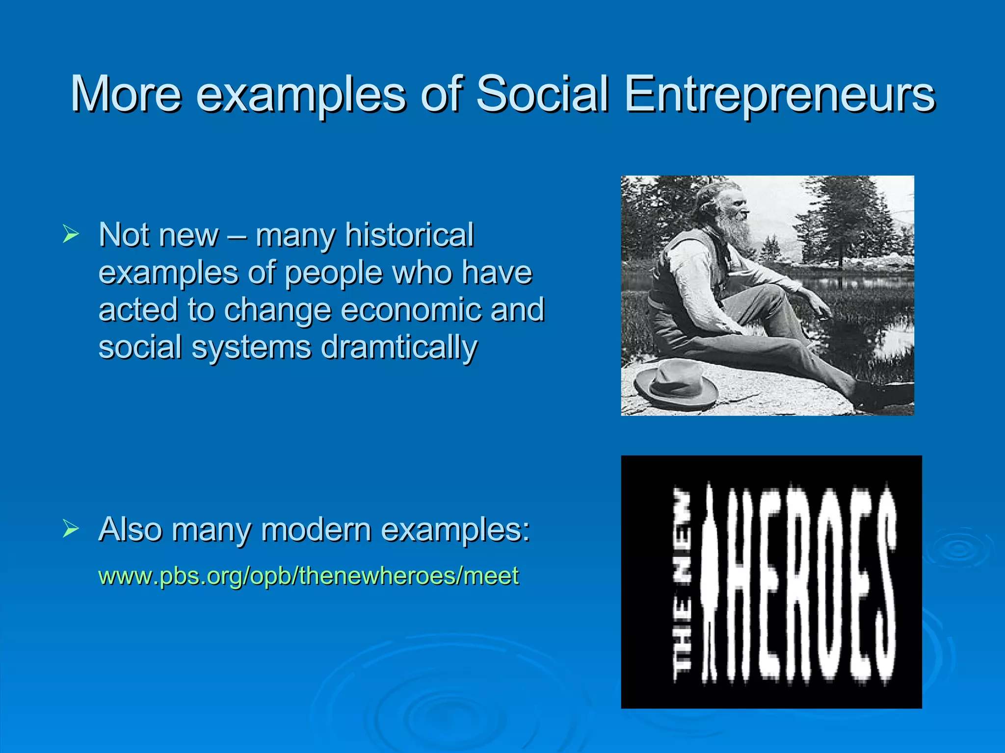 More examples of Social Entrepreneurs Not new – many historical examples of people who have acted to change economic and social systems dramtically Also many modern examples: www.pbs.org/opb/thenewheroes/meet   