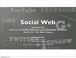 Social Web
                                            Lecture VI
                    How can we MINE, ANALYSE and VISUALIZE the Social
                                Web? (1I) : The Web Science

                                            Lora Aroyo
                                         The Network Institute
                                        VU University Amsterdam
                               (based on slides from Les Carr, Nigel Shadbolt)




Tuesday, March 13, 12
 