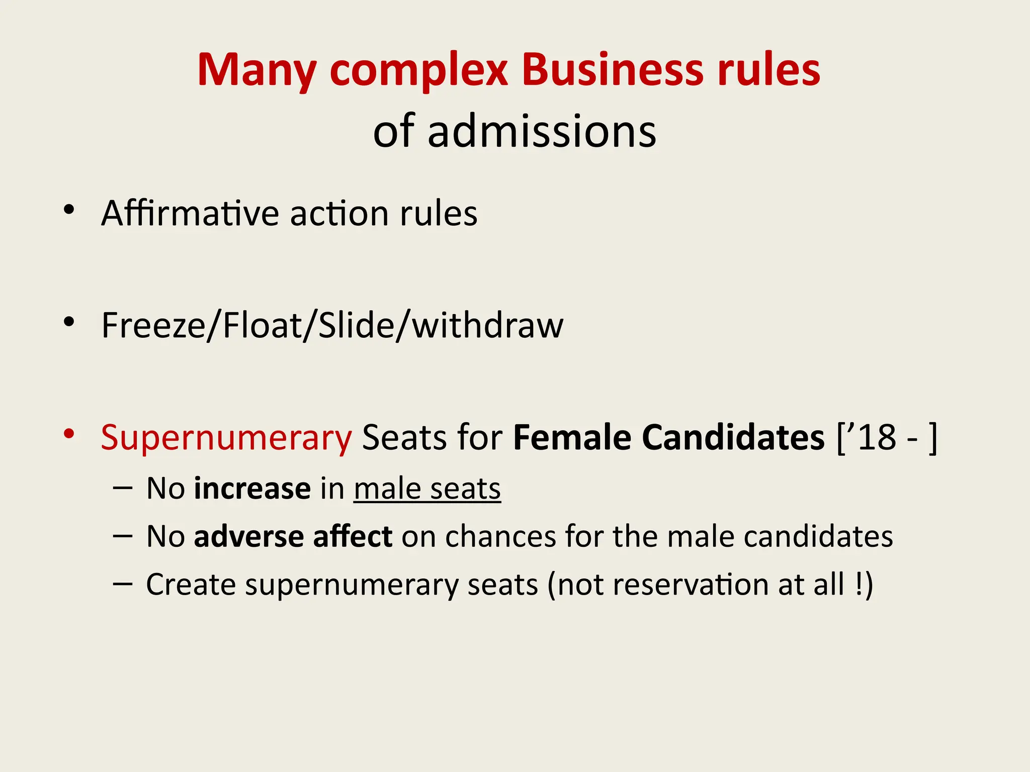 Many complex Business rules
of admissions
• Affirmative action rules
• Freeze/Float/Slide/withdraw
• Supernumerary Seats for Female Candidates [’18 - ]
– No increase in male seats
– No adverse affect on chances for the male candidates
– Create supernumerary seats (not reservation at all !)
 