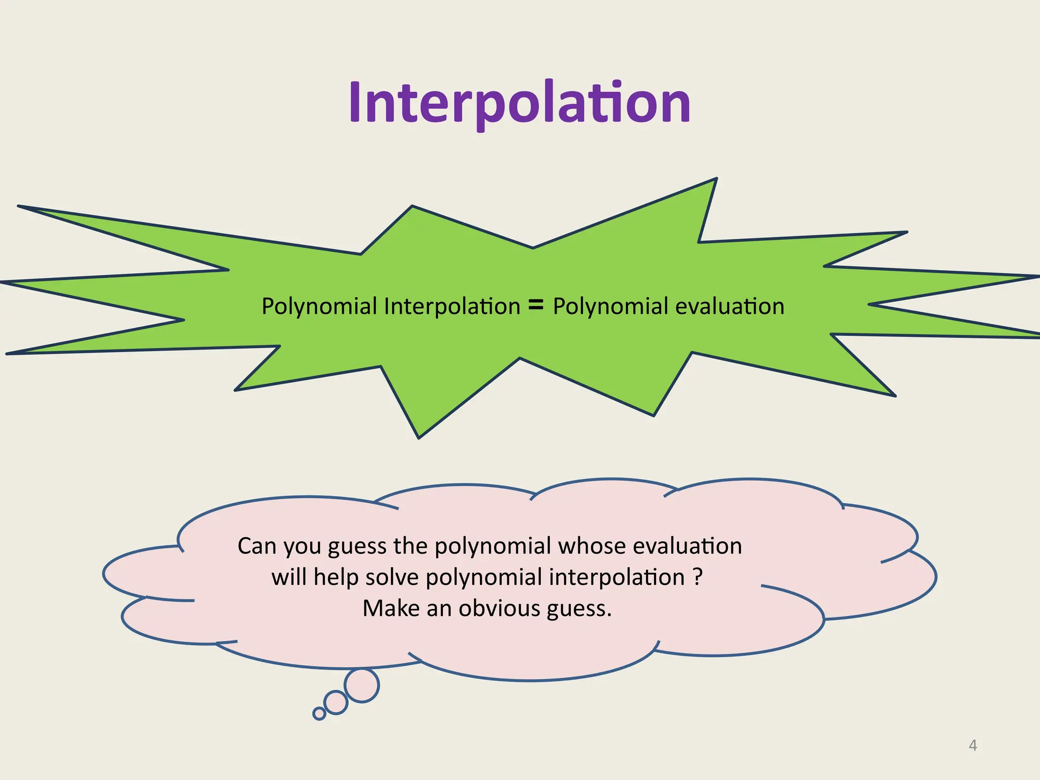 4
Interpolation
Polynomial Interpolation = Polynomial evaluation
Can you guess the polynomial whose evaluation
will help solve polynomial interpolation ?
Make an obvious guess.
 