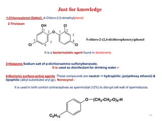 Just for knowledge
18
1-Chloroxylenol (Dettol) :4-Chloro-3,5-dimethylphenol
O
Cl
Cl
Cl
OH
5-chloro-2-(2,4-dichlorophenoxy)phenol
1 2
3
4
5
1 2
3
4
It is a bacteriostatic agent found in deodorants
2-Triclosan
3-Halazone Sodium salt of p-dichloroamino sulfonylbenzoate.
➢
It is used as disinfectant for drinking water.
4-Nonionic surface-active agents :These compounds are neutral  hydrophilic (polyethoxy ethanol) &
lipophilic (alkyl-substituted aryl gp). Nonoxynol :
It is used in birth control contraceptives as spermicidal (12%) to disrupt cell wall of spermatozoa.
O
C9H19
(CH2-CH2-O)9-H
 