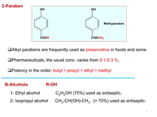 6
2-Paraben
OH
COOR
OH
COOCH3
Methyparaben
❑Alkyl parabens are frequently used as preservative in foods and some
❑Pharmaceuticals, the usual conc. varies from 0.1-0.3 %.
❑Potency in the order; butyl > propyl > ethyl > methyl
B-Alcohols R-OH
1- Ethyl alcohol C2H5OH (70%) used as antiseptic.
2- Isopropyl alcohol CH3-CH(OH)-CH3. (> 70%) used as antiseptic.
 