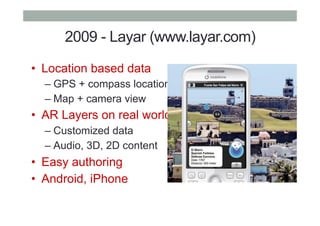 2009 - Layar (www.layar.com)
•  Location based data
– GPS + compass location
– Map + camera view
•  AR Layers on real world
– Customized data
– Audio, 3D, 2D content
•  Easy authoring
•  Android, iPhone
 